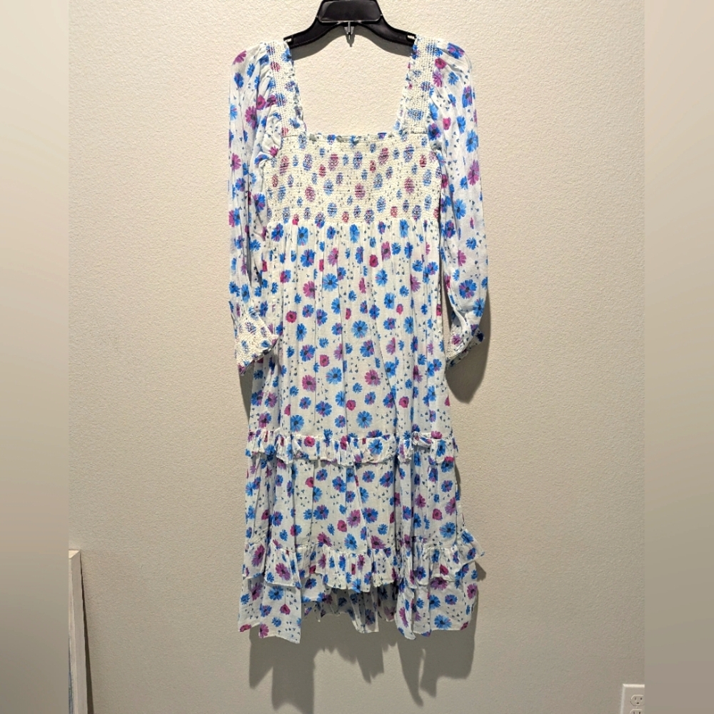 LoveShackFancy Blue and Pink Tiered Bishop Sleeve Dress